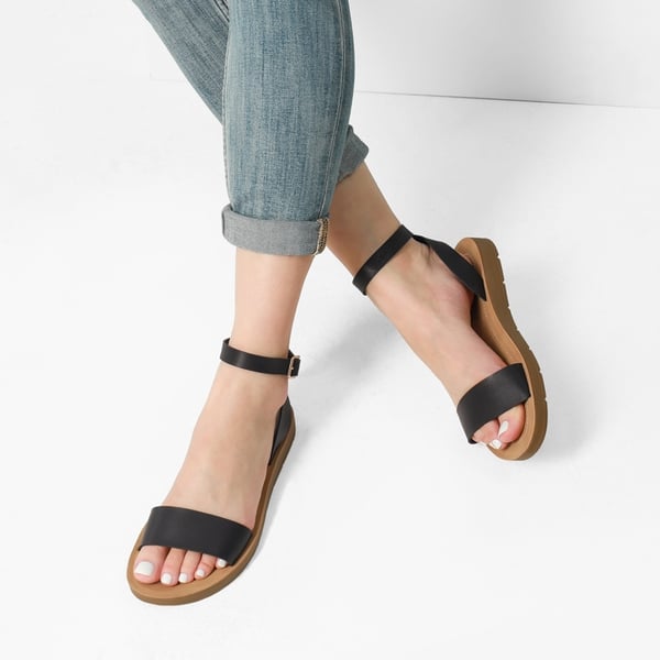 Ankle Strap Flat Buckle Sandals - BLACK PU - 1